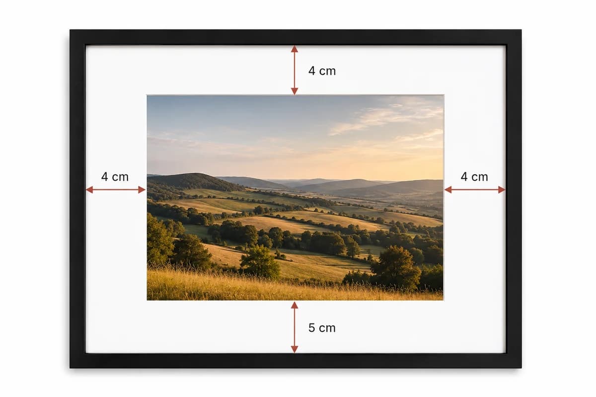 Zarámovaná fotografie s vyznačenou šířkou okrajů pasparty – 4 cm nahoře a po stranách, 5 cm dole.